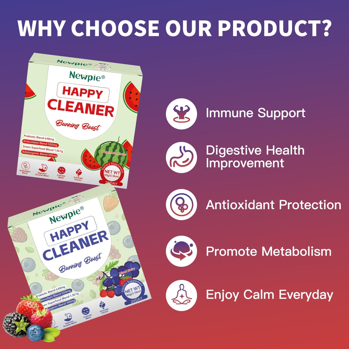 Blltzzz Newpie Superfoods Happy Cleaner Probiotic Powder,Watermelon Flavor Prebiotic & Probiotic Powder,Organic Fiber,Sugar Free,Gut Health,Natural Antioxidant - Maple Wellness Supplements