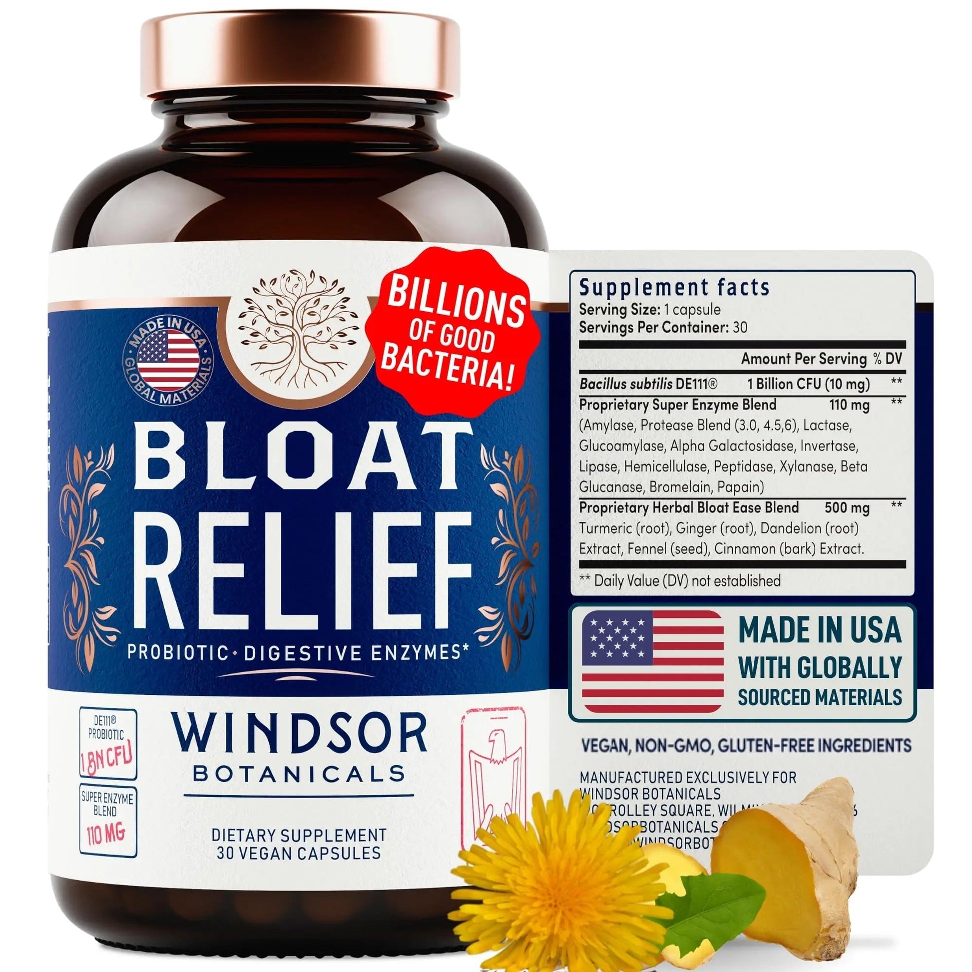 Bloat Relief Probiotic and Digestive Enzymes - Anti Bloating Turmeric, Fennel, Bromelain IBS Supplement - Detox Debloat Capsules Gas - Bloating Relief for Women and Men - 30 Gut Health Pills - Maple Wellness Supplements
