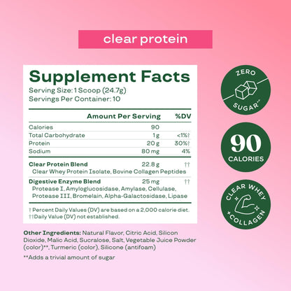 Bloom Clear Protein, Whey Protein Isolate with Collagen Peptides and Digestive Enzymes, 20g Protein, Sugar Free Post Workout Drink Mix, 90 Calories, - Maple Wellness Supplements
