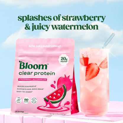 Bloom Clear Protein, Whey Protein Isolate with Collagen Peptides and Digestive Enzymes, 20g Protein, Sugar Free Post Workout Drink Mix, 90 Calories, - Maple Wellness Supplements