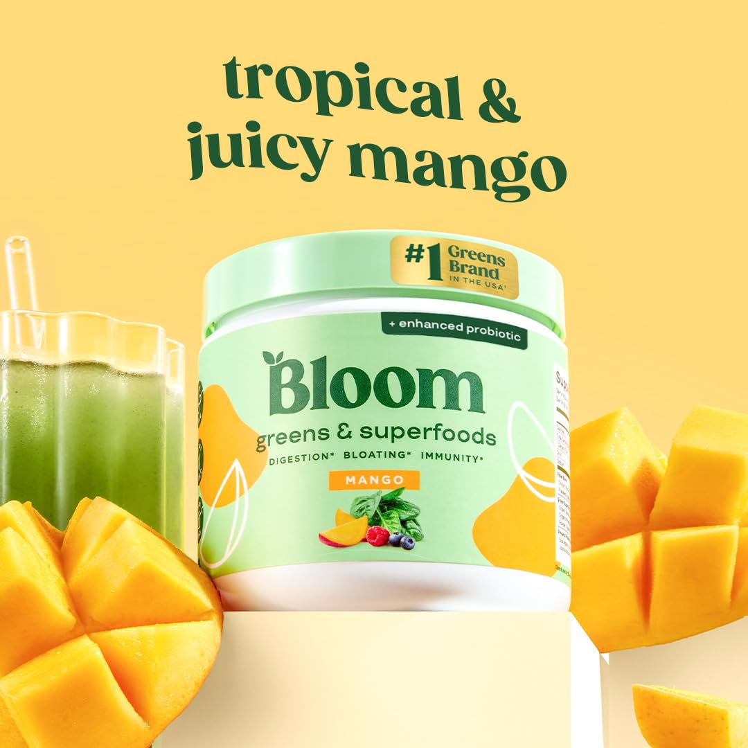 Bloom Nutrition Superfood Greens Powder, Digestive Enzymes with Probiotics and Prebiotics, Gut Health, Bloating Relief for Women, Chlorella, Green Juice Mix with Beet Root Powder, 30 SVG, Mango - Maple Wellness Supplements