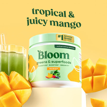 Bloom Nutrition Superfood Greens Powder, Digestive Enzymes with Probiotics and Prebiotics, Gut Health, Bloating Relief for Women, Chlorella, Green Juice Mix with Beet Root Powder, 30 SVG, Mango - Maple Wellness Supplements