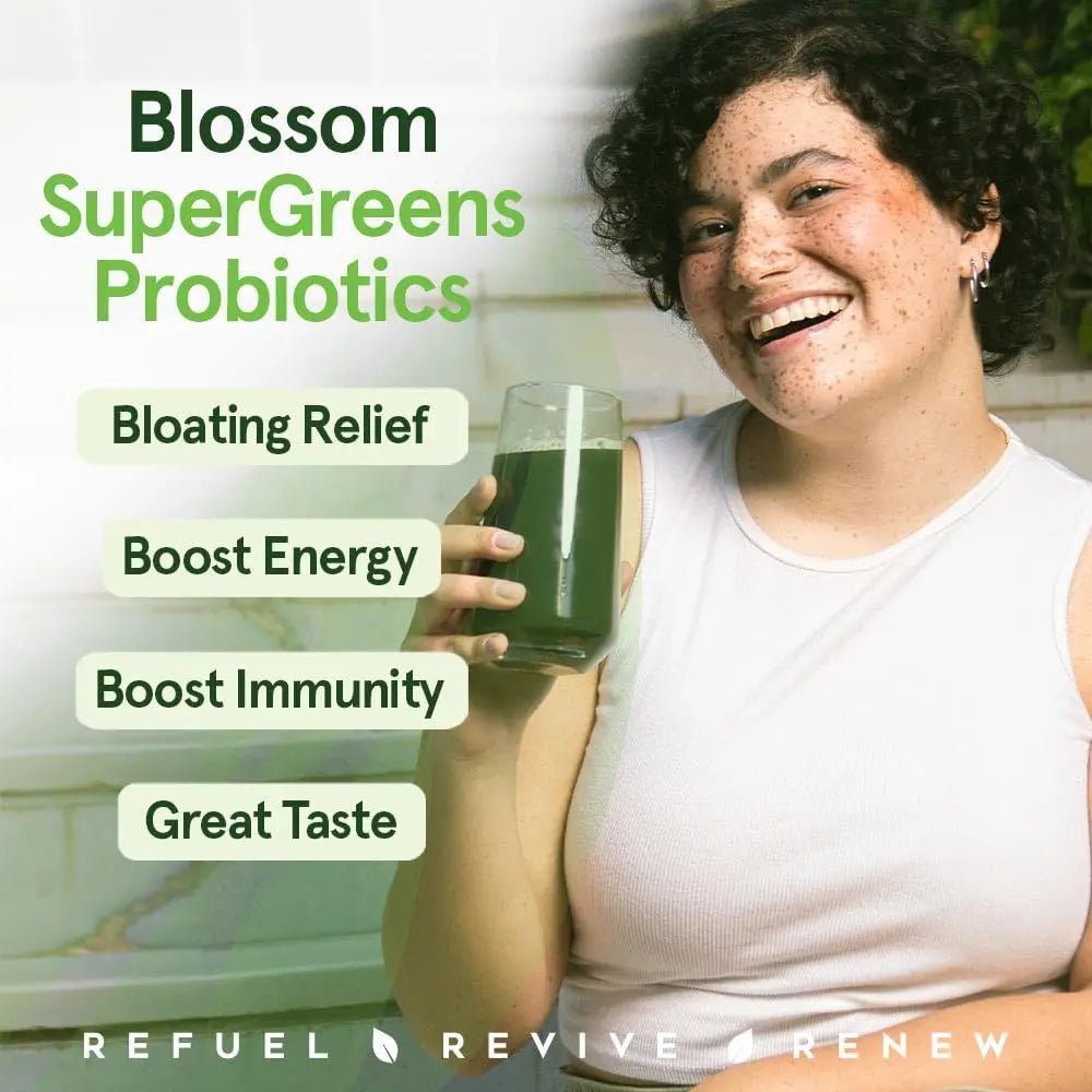Blossom SuperGreens Probiotics – Digestive Enzymes with Pre/ProBiotics for Bloating Relief – 30+ SuperGreens & SuperReds to Boost Energy –Organic, Gluten-Free, No Fiber, 0g Sugar (Lemon Citrus) - Maple Wellness Supplements