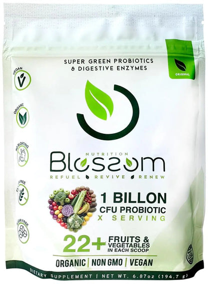 Blossom SuperGreens Probiotics – Digestive Enzymes with Pre/ProBiotics for Bloating Relief – 30+ SuperGreens & SuperReds to Boost Energy –Organic, Gluten-Free, No Fiber, 0g Sugar (Lemon Citrus) - Maple Wellness Supplements