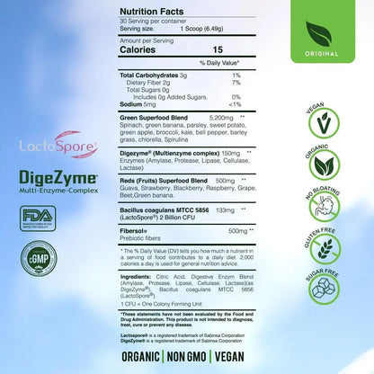 Blossom SuperGreens Probiotics – Digestive Enzymes with Pre/ProBiotics for Bloating Relief – 30+ SuperGreens & SuperReds to Boost Energy –Organic, Gluten-Free, No Fiber, 0g Sugar (Lemon Citrus) - Maple Wellness Supplements