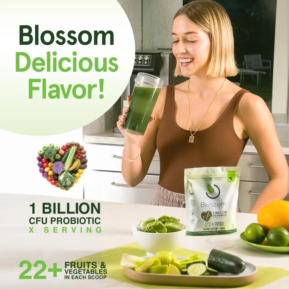 Blossom SuperGreens Probiotics – Digestive Enzymes with Pre/ProBiotics for Bloating Relief – 30+ SuperGreens & SuperReds to Boost Energy –Organic, Gluten-Free, No Fiber, 0g Sugar (Lemon Citrus) - Maple Wellness Supplements
