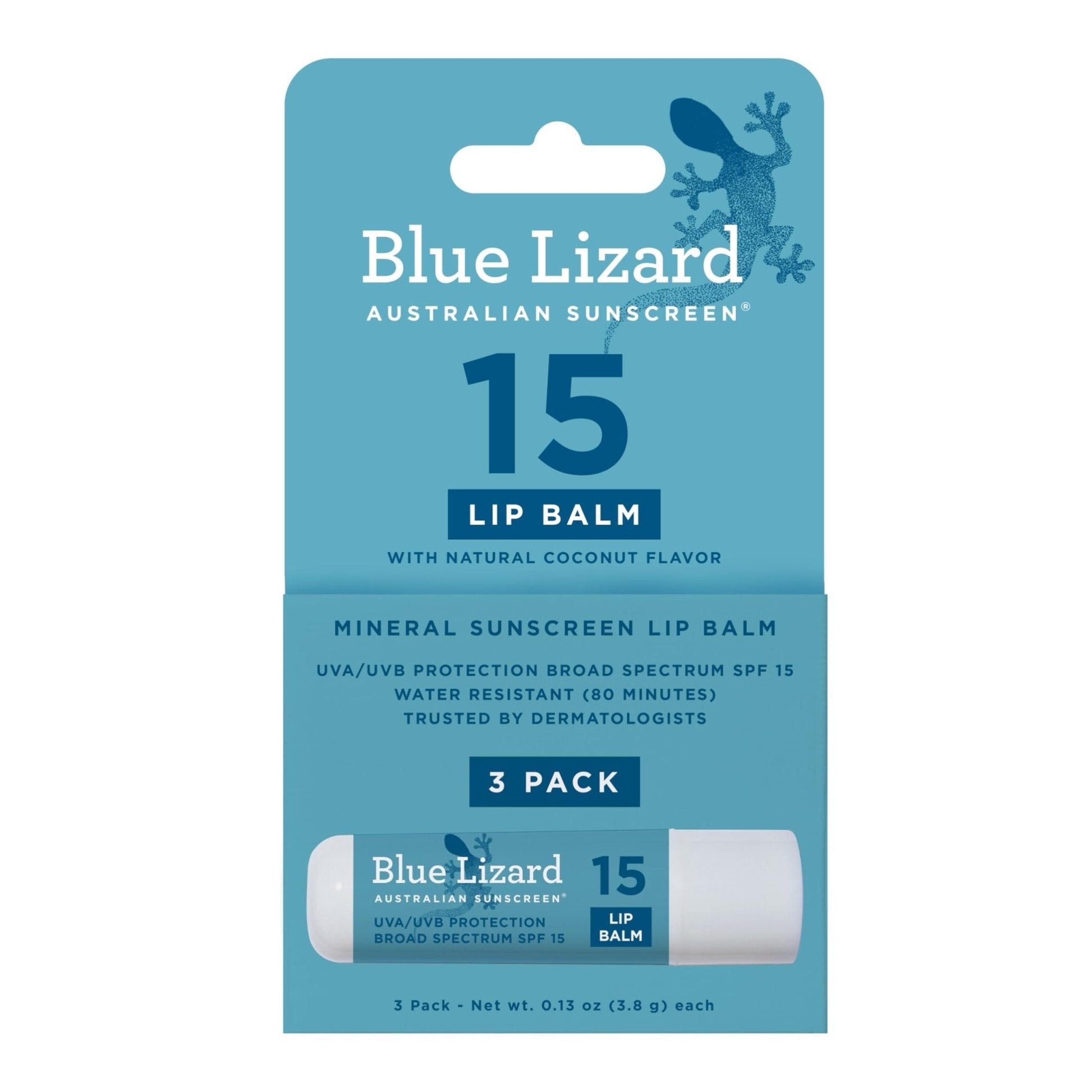 BLUE LIZARD Mineral SPF 15 Lip Balm, 3-Pack: Broad Spectrum Sun Protection, Natural Coconut Flavor, 8 Natural Oils - Maple Wellness Supplements