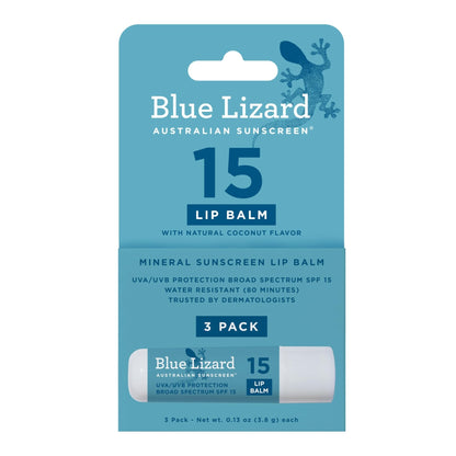 BLUE LIZARD Mineral SPF 15 Lip Balm, 3-Pack: Broad Spectrum Sun Protection, Natural Coconut Flavor, 8 Natural Oils - Maple Wellness Supplements