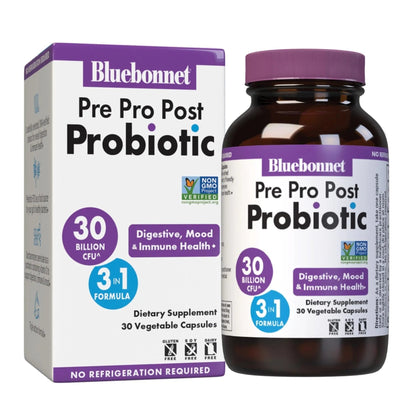 BlueBonnet Nutrition Pre Pro Post Probiotic 30 Billion CFU^ Shelf Stable – for Women & Men Digestion, Gut, Mood, Immune* - Free of Dairy, Gluten & Soy - Non-GMO - 30 Vegetable Capsules, 30 Servings - Maple Wellness Supplements