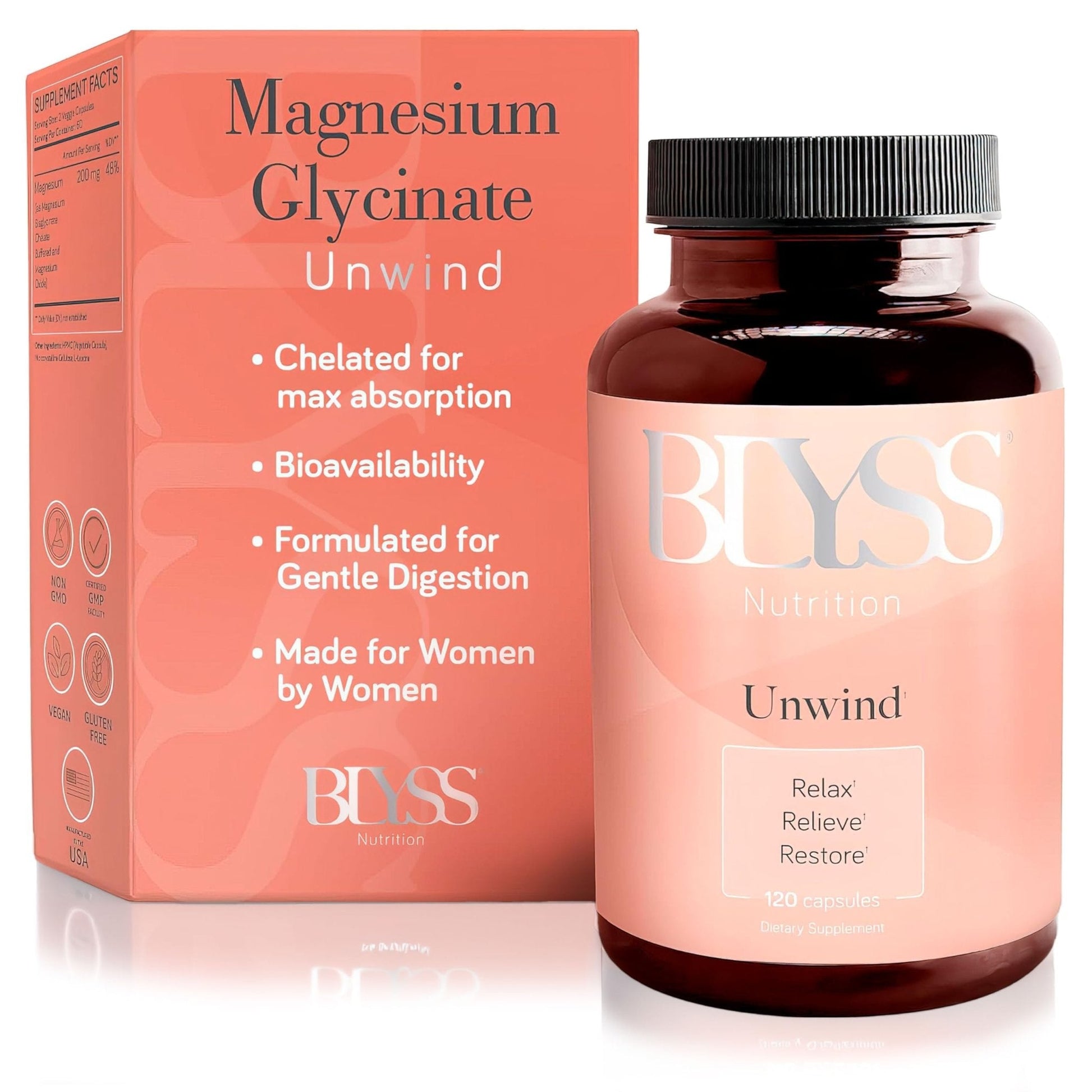 BLYSS Nutrition Magnesium Bisglycinate Capsules for Women - 200mg Chelated Glycinate Magnesium Supplement - Natural Supplements to Support Sleep, - Maple Wellness Supplements
