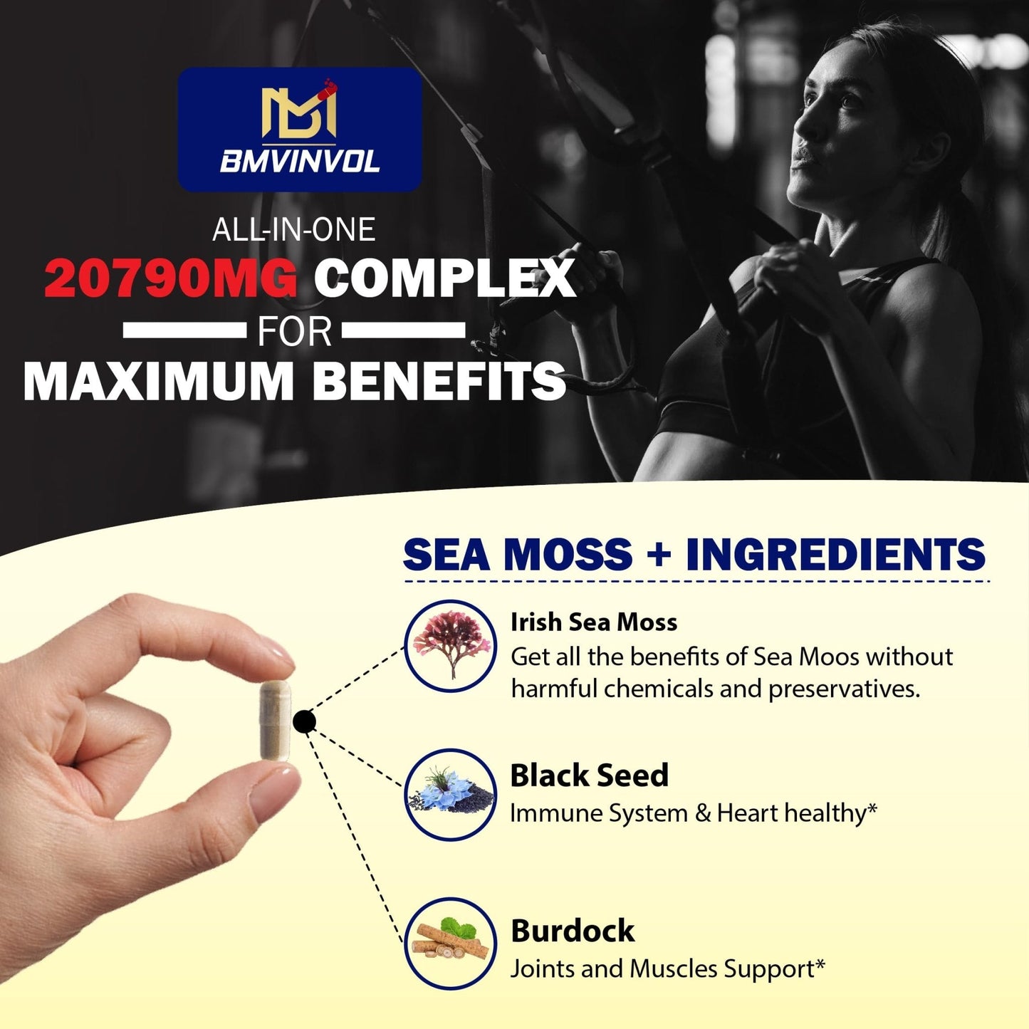 BMVINVOL 100 Capsules - Sea Moss Capsules 20790mg with Bladderwrack, Burdock - Maple Wellness Supplements