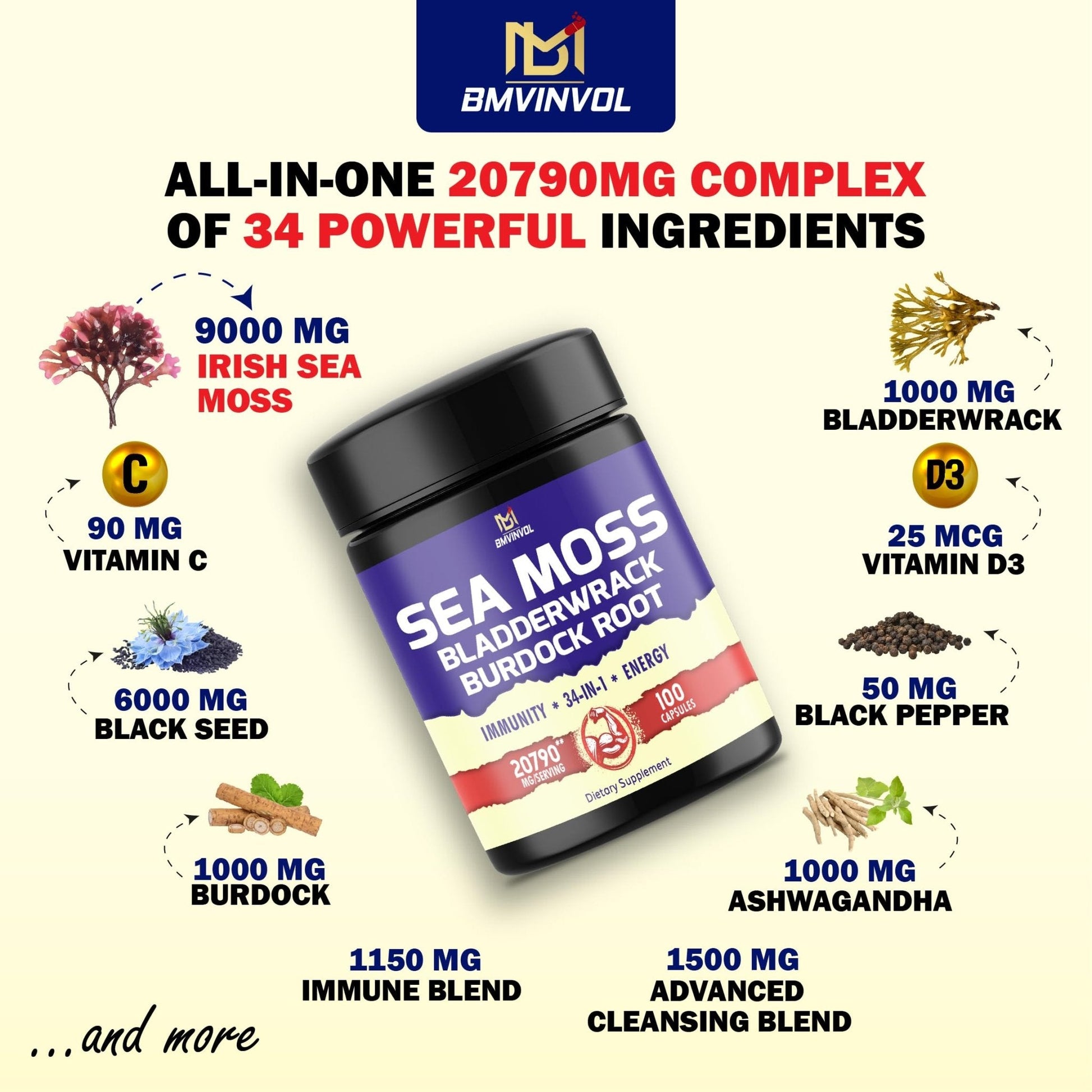 BMVINVOL 100 Capsules - Sea Moss Capsules 20790mg with Bladderwrack, Burdock - Maple Wellness Supplements