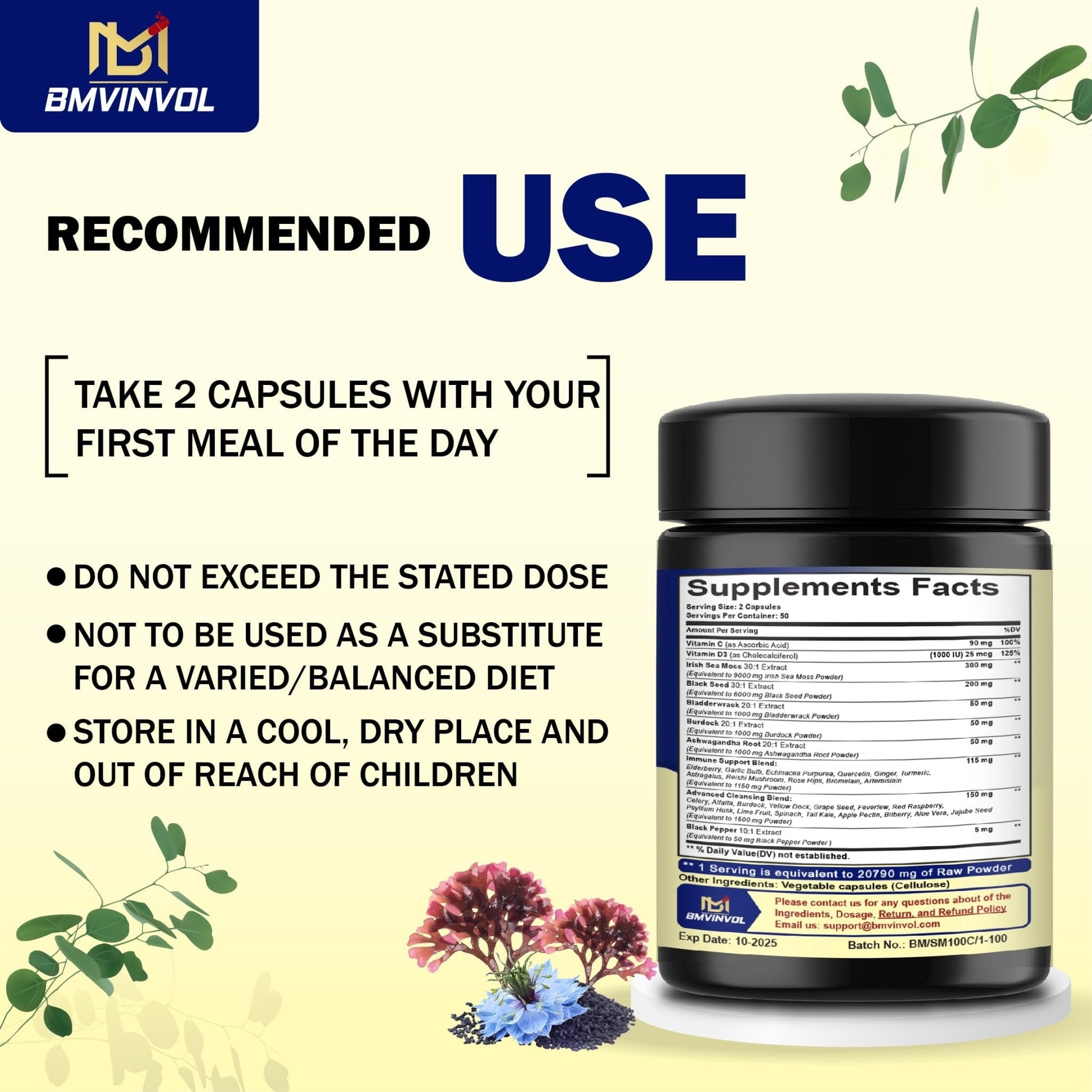 BMVINVOL 100 Capsules - Sea Moss Capsules 20790mg with Bladderwrack, Burdock - Maple Wellness Supplements