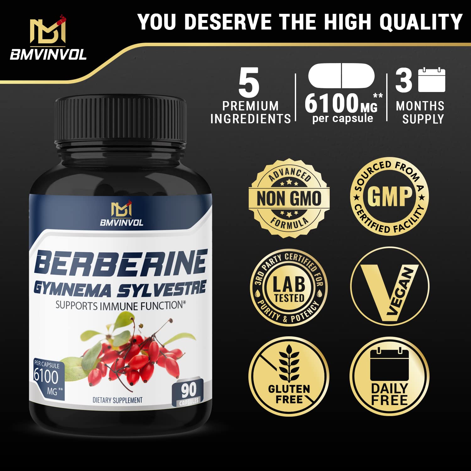 BMVINVOL 5-in-1 Berberine Supplement 6100mg with Ceylon Cinnamon, Gymnema - Maple Wellness Supplements