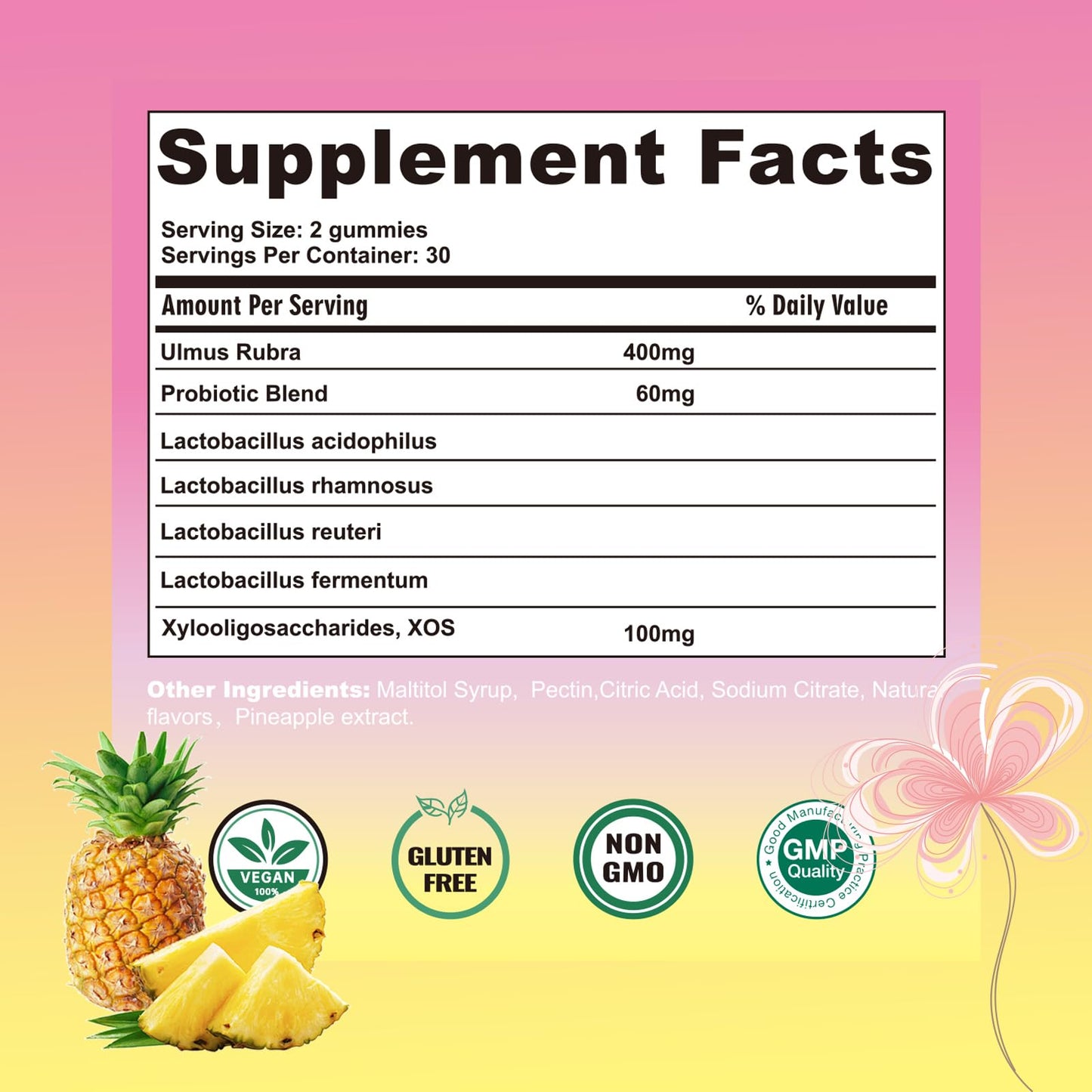Boasi Women's Probiotics Slippery Elm Gummies,Her Juicy PH Balance,Vaginal Feminine Probiotics Pineapple Gummies,Digestive,Immune Health - Maple Wellness Supplements