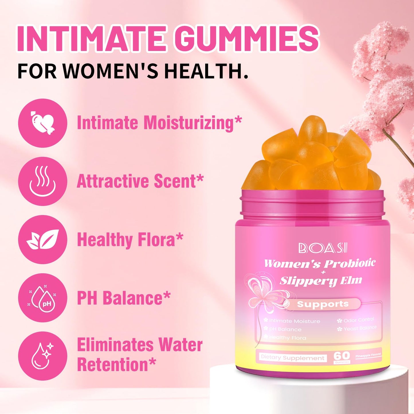 Boasi Women's Probiotics Slippery Elm Gummies,Her Juicy PH Balance,Vaginal Feminine Probiotics Pineapple Gummies,Digestive,Immune Health - Maple Wellness Supplements
