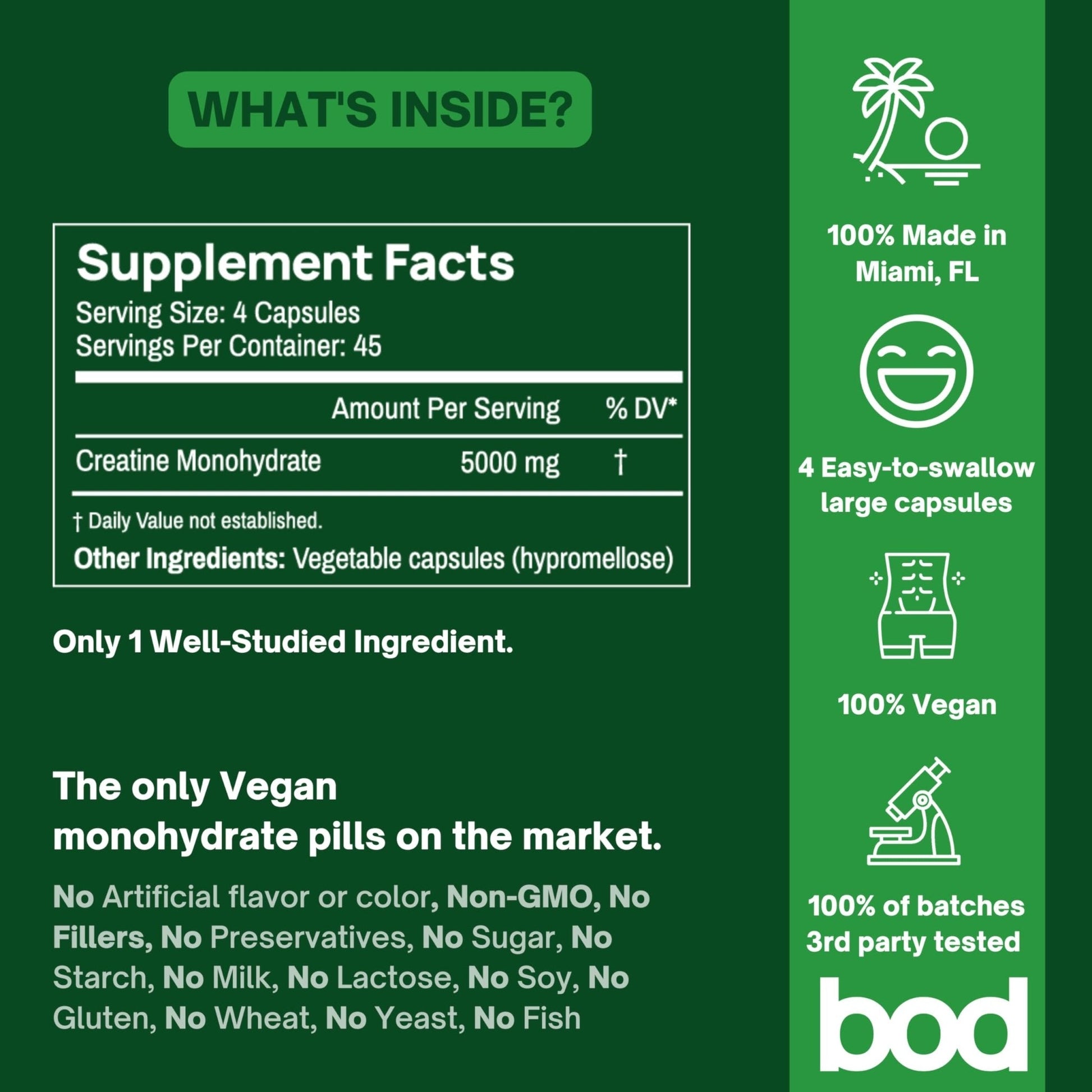 BOD Creatine Monohydrate Capsules – 45 Servings (4 Capsules = 5 g) – Ultra-Pure 200 Mesh Creatine Monohydrate – Strength, Power, Muscle Growth & Recovery - Maple Wellness Supplements
