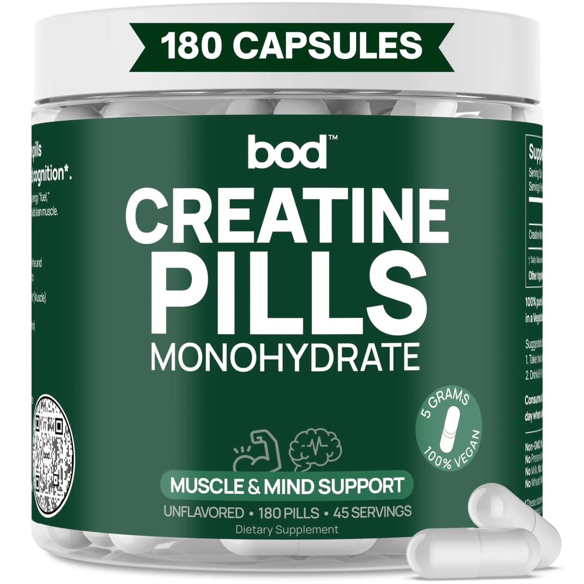 BOD Creatine Monohydrate Capsules – 45 Servings (4 Capsules = 5 g) – Ultra-Pure 200 Mesh Creatine Monohydrate – Strength, Power, Muscle Growth & Recovery - Maple Wellness Supplements