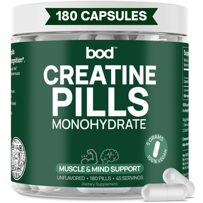 BOD Creatine Monohydrate Capsules – 45 Servings (4 Capsules = 5 g) – Ultra-Pure 200 Mesh Creatine Monohydrate – Strength, Power, Muscle Growth & Recovery - Maple Wellness Supplements