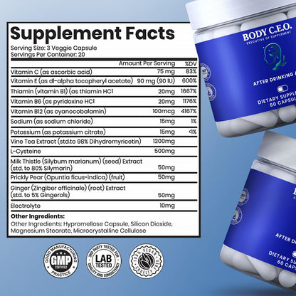 Body C.E.O. After Drinking Aid - Electrolyte Balance & Recovery - DHM (Dihydromyricetin), L-Cysteine, Prickly Pear, Milk Thistle, Zinger, Vitamin-B for Recovery - Filler-Free Formula - 60 Capsules - Maple Wellness Supplements