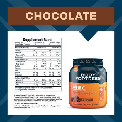 Body Fortress 100% Whey, Premium Protein Powder, Chocolate, 1.78lbs, Packaging May - Maple Wellness Supplements