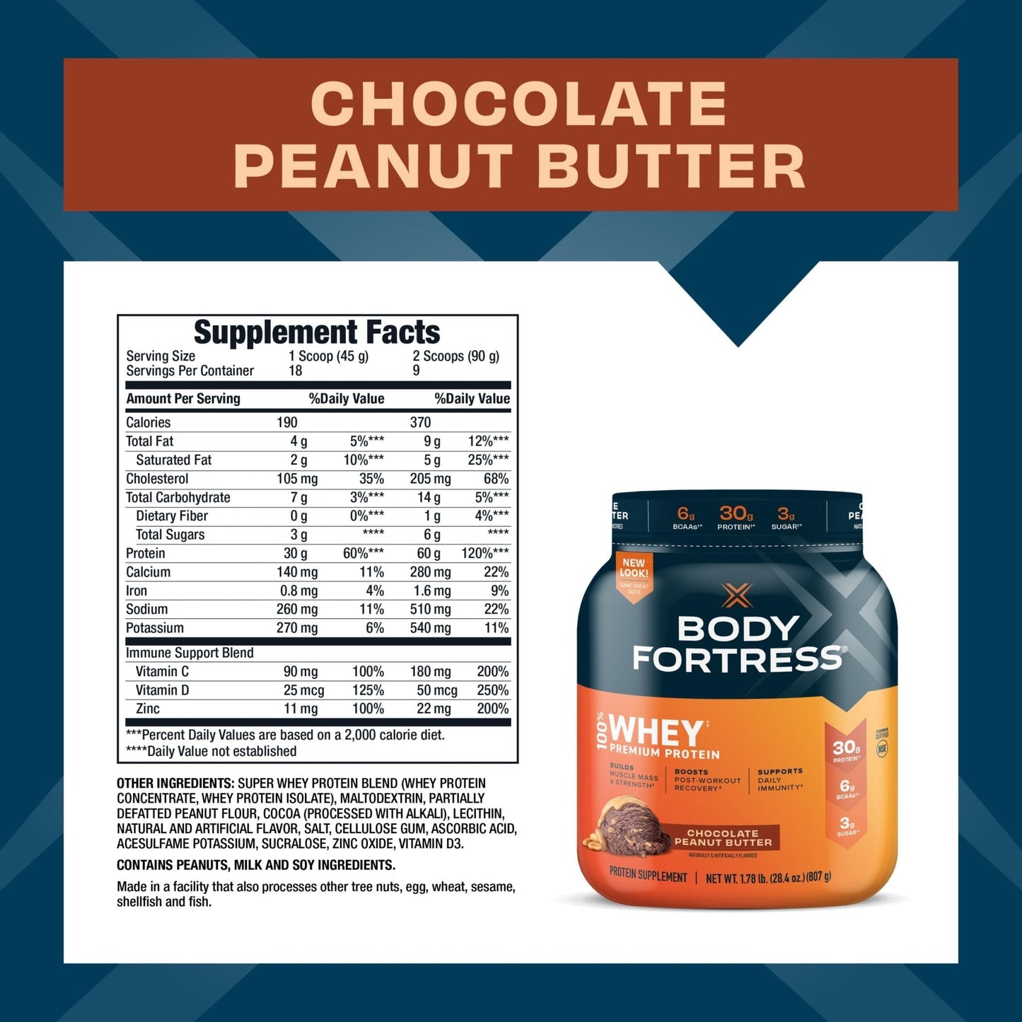Body Fortress 100% Whey, Premium Protein Powder, Chocolate Peanut Butter, 1.78lbs - Maple Wellness Supplements
