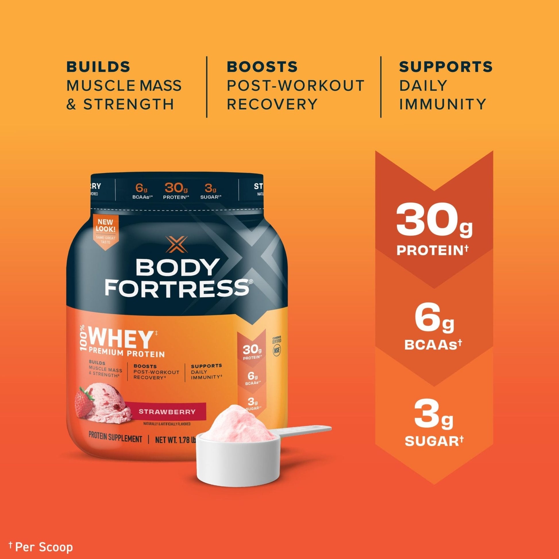 Body Fortress 100% Whey, Premium Protein Powder, Strawberry, 1.78lbs Packaging May - Maple Wellness Supplements