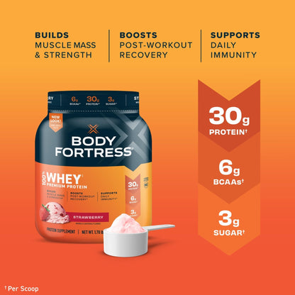 Body Fortress 100% Whey, Premium Protein Powder, Strawberry, 1.78lbs Packaging May - Maple Wellness Supplements