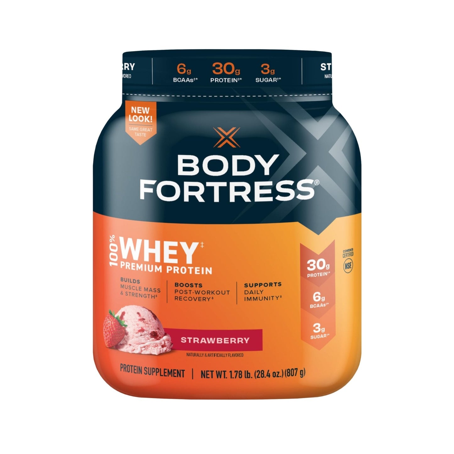 Body Fortress 100% Whey, Premium Protein Powder, Strawberry, 1.78lbs Packaging May - Maple Wellness Supplements
