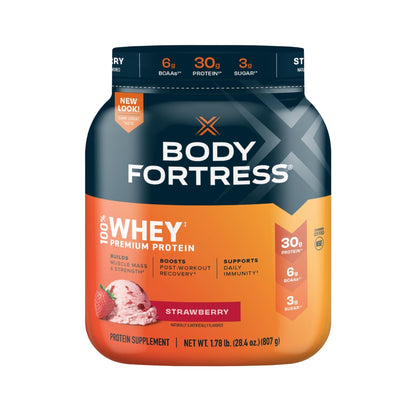 Body Fortress 100% Whey, Premium Protein Powder, Strawberry, 1.78lbs Packaging May - Maple Wellness Supplements