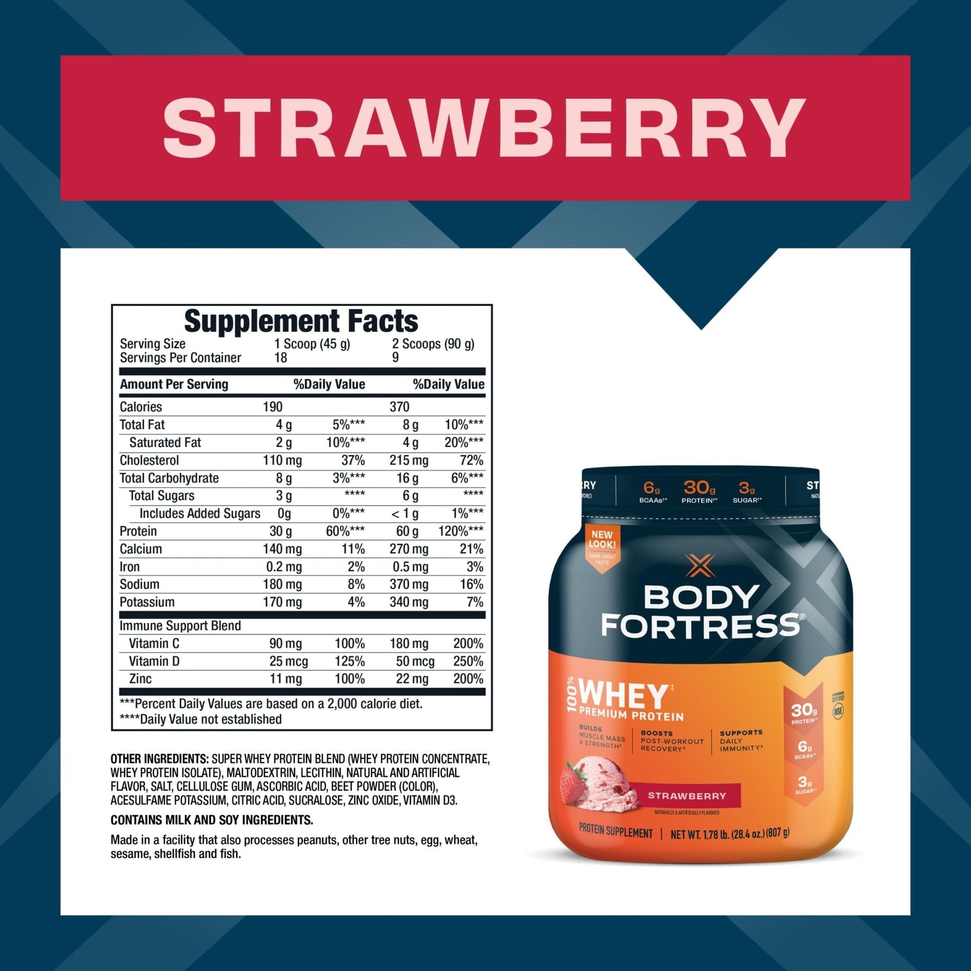 Body Fortress 100% Whey, Premium Protein Powder, Strawberry, 1.78lbs Packaging May - Maple Wellness Supplements