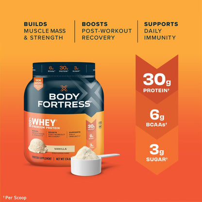 Body Fortress 100% Whey, Premium Protein Powder, Vanilla, 1.74lbs (Packaging May Vary) - Maple Wellness Supplements