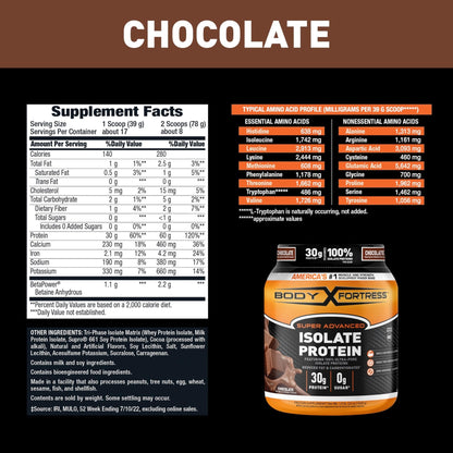 Body Fortress Super Advanced Isolate Protein, Chocolate Protein Powder Supplement - Maple Wellness Supplements
