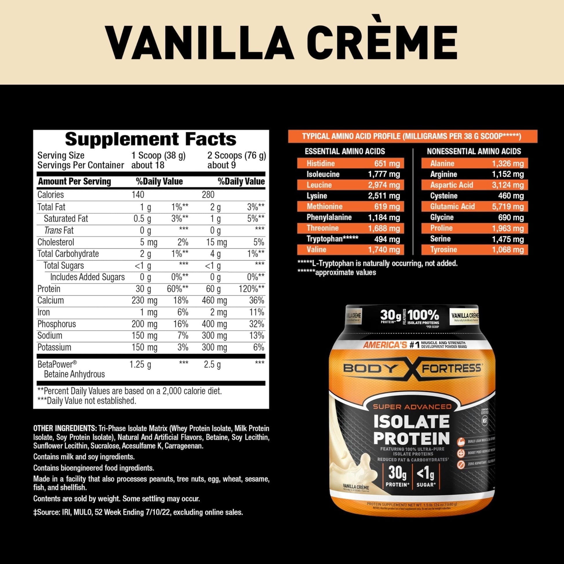Body Fortress Super Advanced Isolate Protein Powder, Gluten Free, Vanilla Creme Flavored - Maple Wellness Supplements