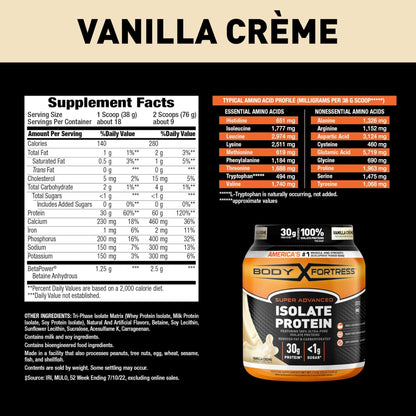 Body Fortress Super Advanced Isolate Protein Powder, Gluten Free, Vanilla Creme Flavored - Maple Wellness Supplements