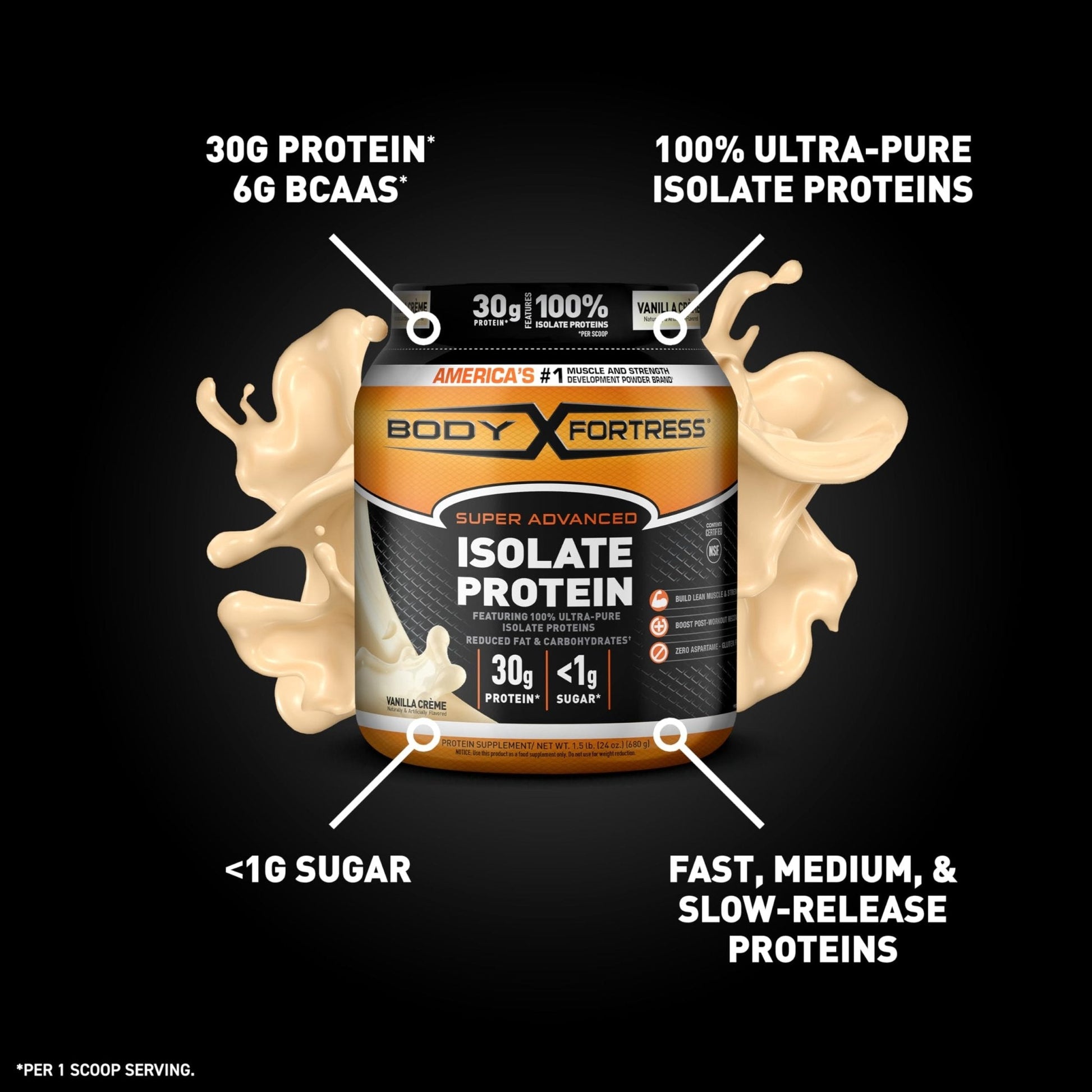 Body Fortress Super Advanced Isolate Protein Powder, Gluten Free, Vanilla Creme Flavored - Maple Wellness Supplements