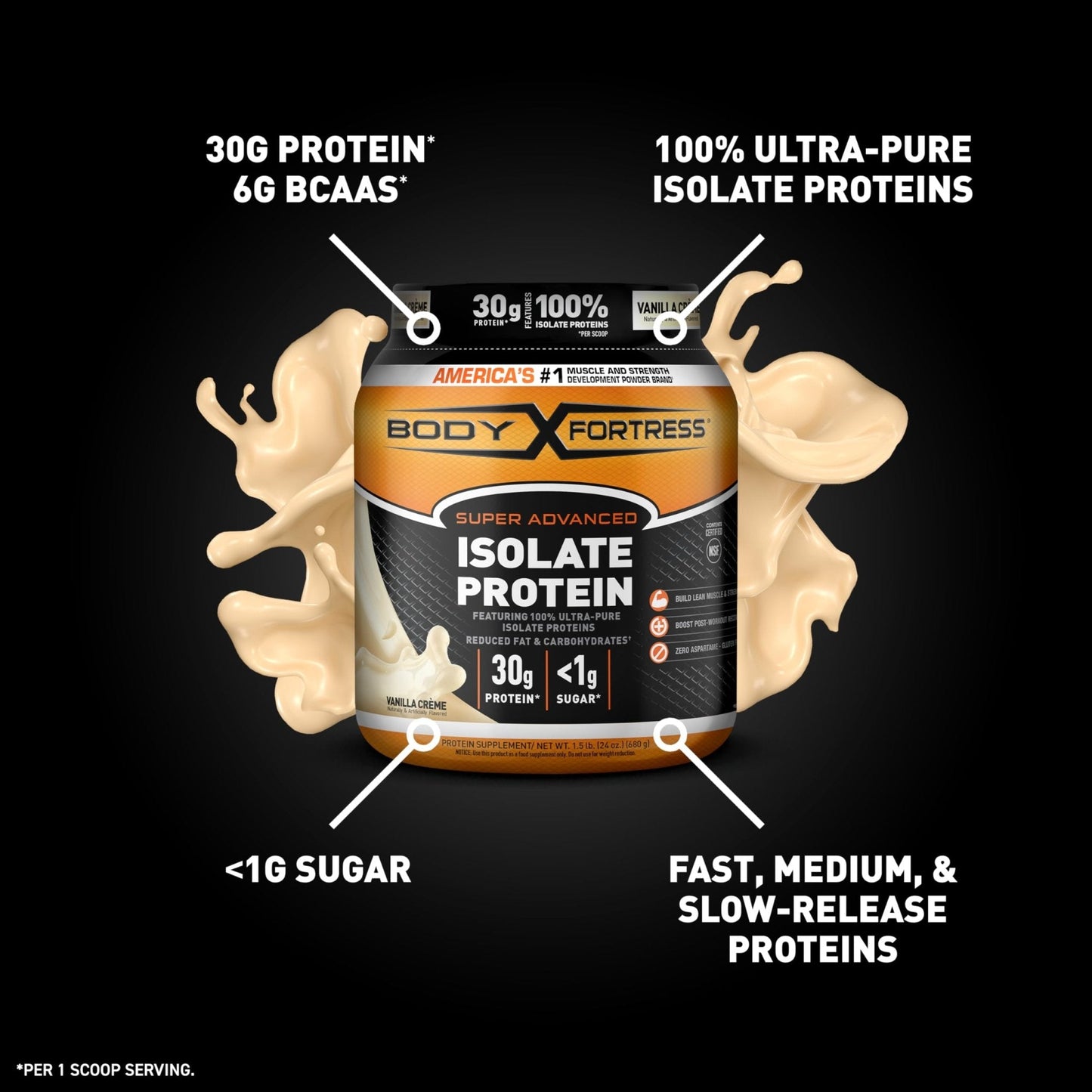 Body Fortress Super Advanced Isolate Protein Powder, Gluten Free, Vanilla Creme Flavored - Maple Wellness Supplements