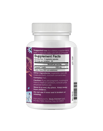 Body Kitchen Pro-Elastin, 1000 mg Elastin Supplement, Help Reduce Signs of Aging, Improved Skin Health, Firmness & Elasticity, Fewer Wrinkles, Veggie Caps, (Pack of 1) - Maple Wellness Supplements