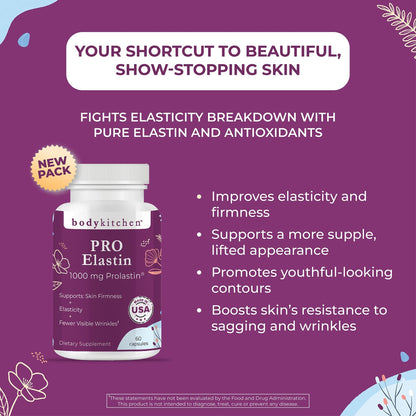 Body Kitchen Pro-Elastin, 1000 mg Elastin Supplement, Help Reduce Signs of Aging, Improved Skin Health, Firmness & Elasticity, Fewer Wrinkles, Veggie Caps, (Pack of 1) - Maple Wellness Supplements