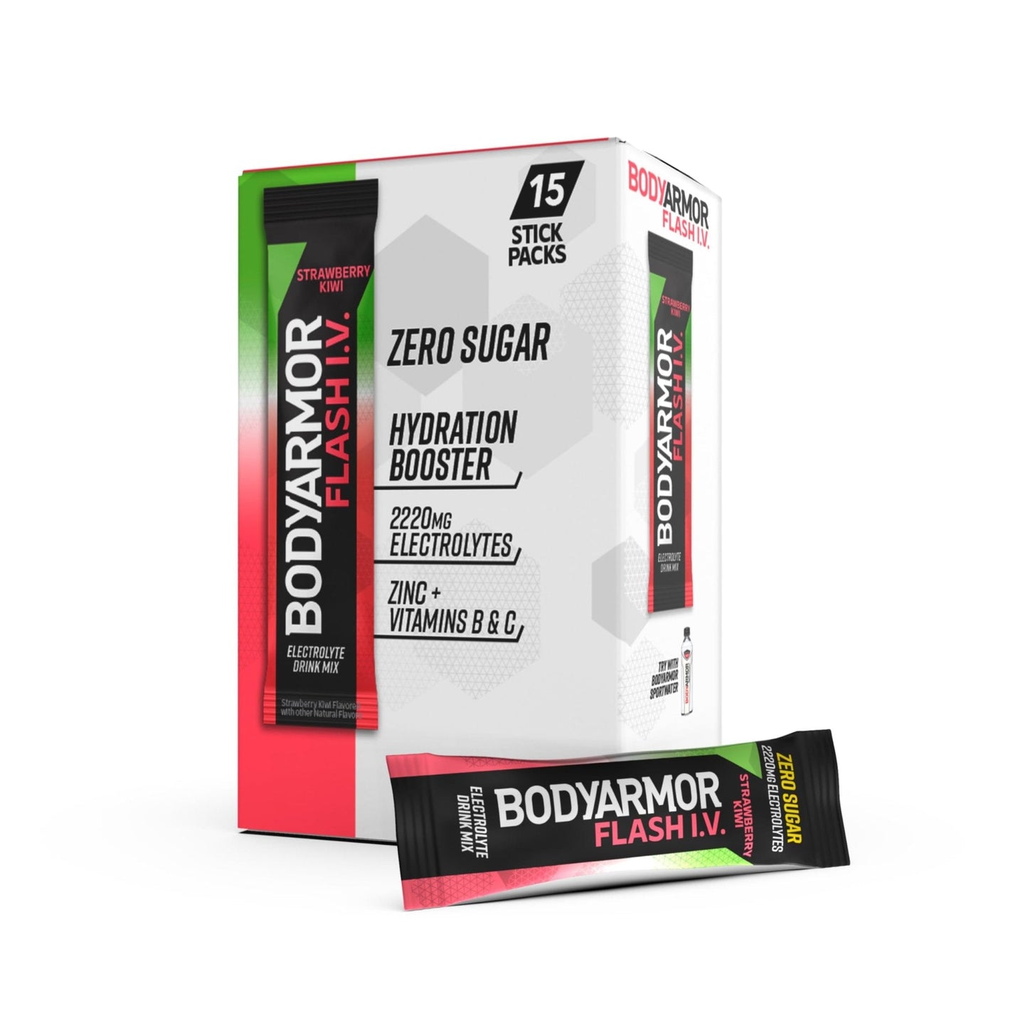 BODYARMOR Flash IV Electrolyte Packets, Strawberry Kiwi - Zero Sugar Drink Mix, Single Serve Packs, Coconut Water Powder (15 Count) - Maple Wellness Supplements