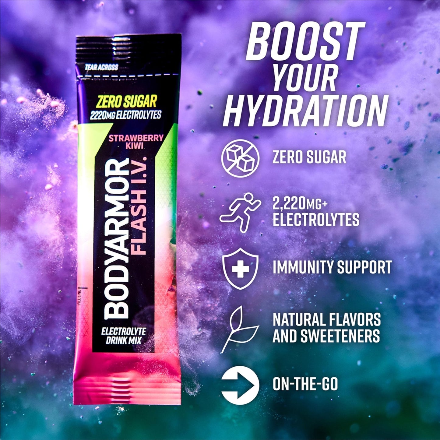BODYARMOR Flash IV Electrolyte Packets, Strawberry Kiwi - Zero Sugar Drink Mix, Single Serve Packs, Coconut Water Powder (15 Count) - Maple Wellness Supplements