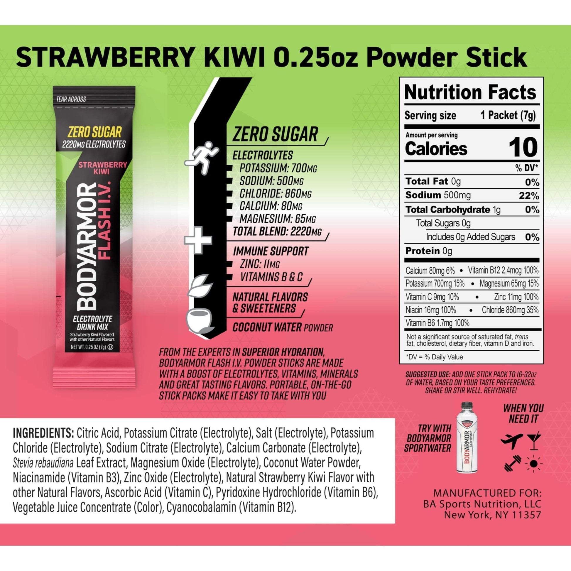 BODYARMOR Flash IV Electrolyte Packets, Strawberry Kiwi - Zero Sugar Drink Mix, Single Serve Packs, Coconut Water Powder (15 Count) - Maple Wellness Supplements