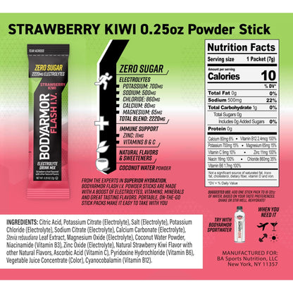 BODYARMOR Flash IV Electrolyte Packets, Strawberry Kiwi - Zero Sugar Drink Mix, Single Serve Packs, Coconut Water Powder (15 Count) - Maple Wellness Supplements