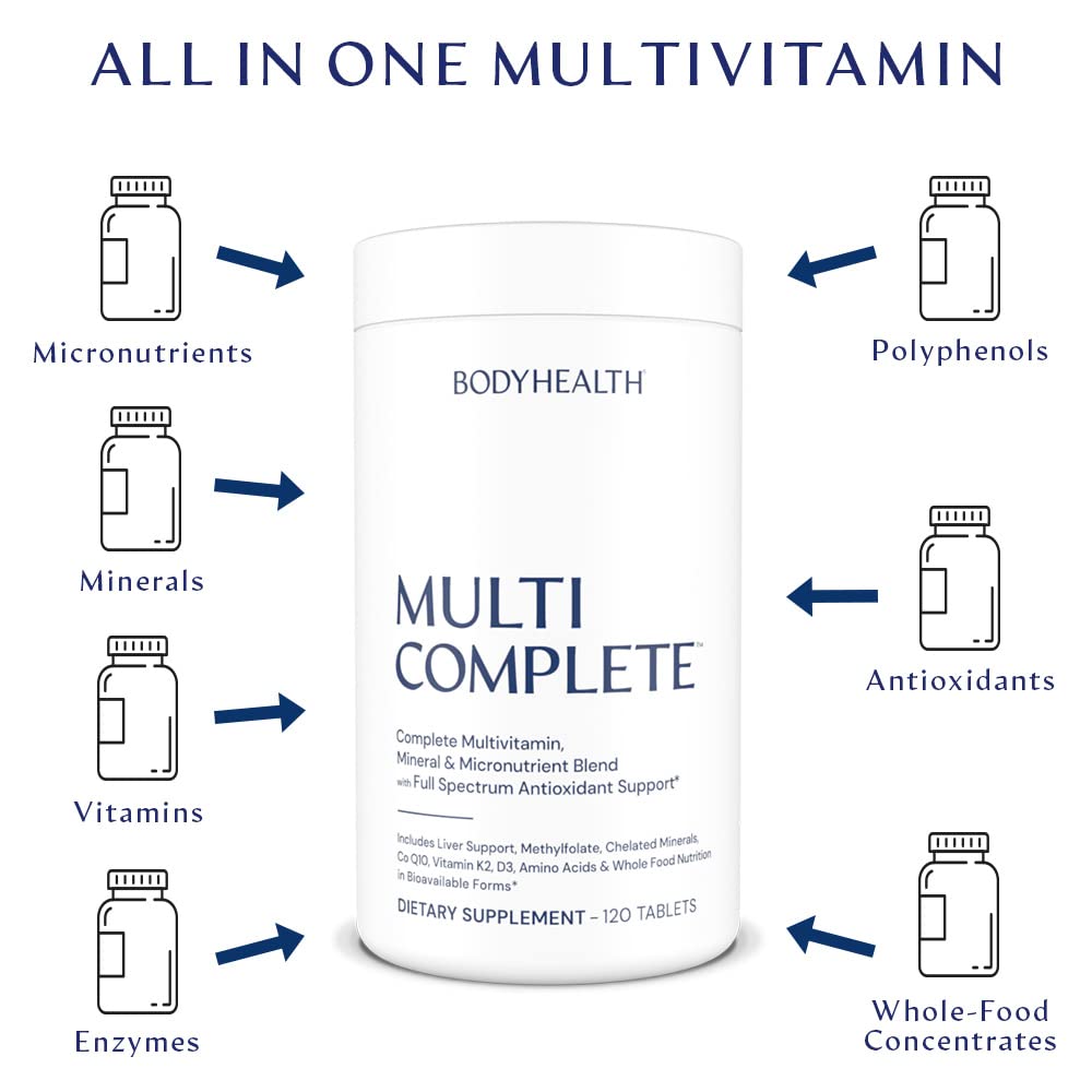 BodyHealth Multi Complete (120 Ct) Daily Multivitamin for Men and Women with Whole Foods, Minerals, Antioxidants, Organic Green Food Concentrates, and Liver Detox Extracts, Non GMO - Maple Wellness Supplements