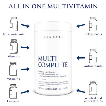 BodyHealth Multi Complete (120 Ct) Daily Multivitamin for Men and Women with Whole Foods, Minerals, Antioxidants, Organic Green Food Concentrates, and Liver Detox Extracts, Non GMO - Maple Wellness Supplements
