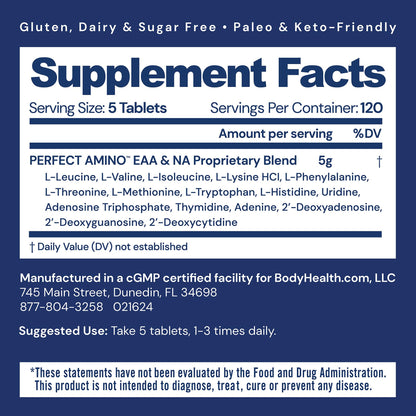 BodyHealth PerfectAmino, Essential Amino Acid with BCAAs + Lysine, Phenylalanine, Threonine, Methionine, Tryptophan, Supplement for Muscle Mass Production, - Maple Wellness Supplements