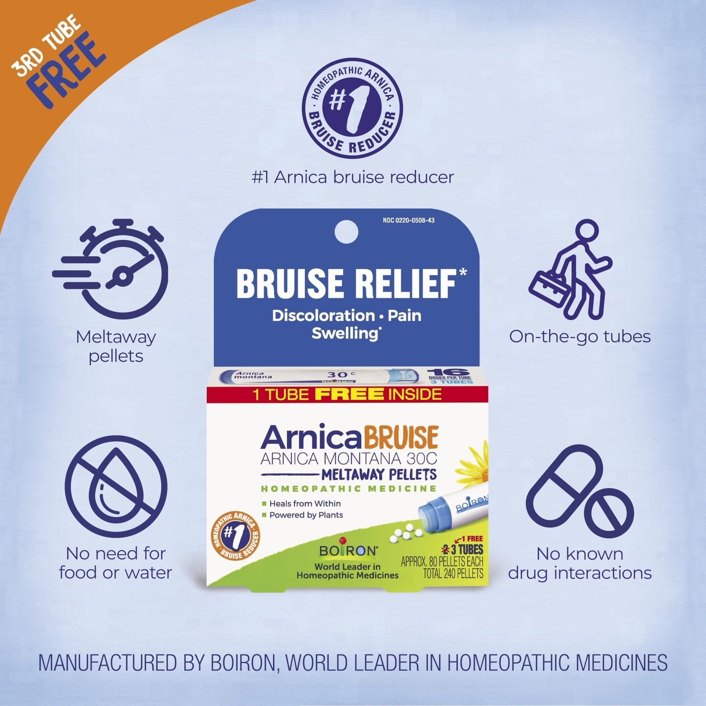 Boiron Arnica Bruise - Arnica Montana 30c for Relief of Pain, Swelling, and Discoloration from Bruises - 3 Count (240 Pellets) - Maple Wellness Supplements