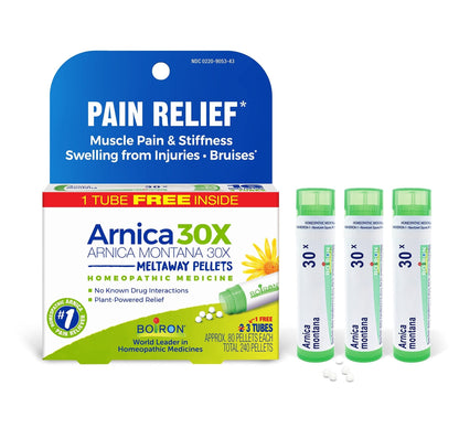 Boiron Arnica Montana 30X Homeopathic Medicine for Relief from Muscle Pain, Muscle Stiffness, Swelling from Injury, and Discoloration from Bruises - 3 Count (240 Pellets) - Maple Wellness Supplements