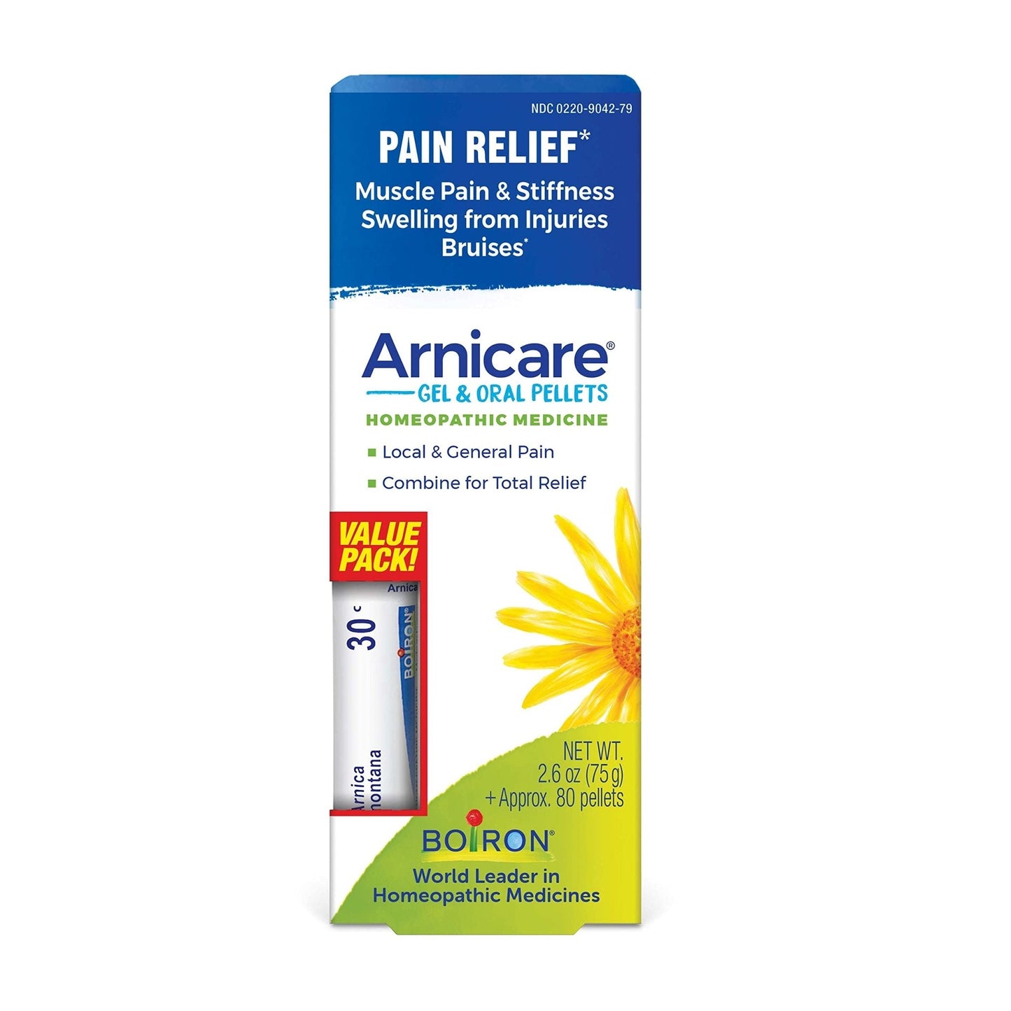 Boiron Arnicare Gel and Arnica 30c Value Pack for Pain Relief, Muscle Soreness, and Swelling from Bruising or Injury - 2.6 oz + 80 Pellet Tube - Maple Wellness Supplements