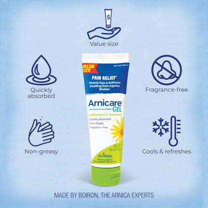 Boiron Arnicare Gel for Relief of Joint Pain, Muscle Pain, Muscle Soreness, and Swelling from Bruises or Injury - Non-greasy and Fragrance-Free - 4.2 oz - Maple Wellness Supplements